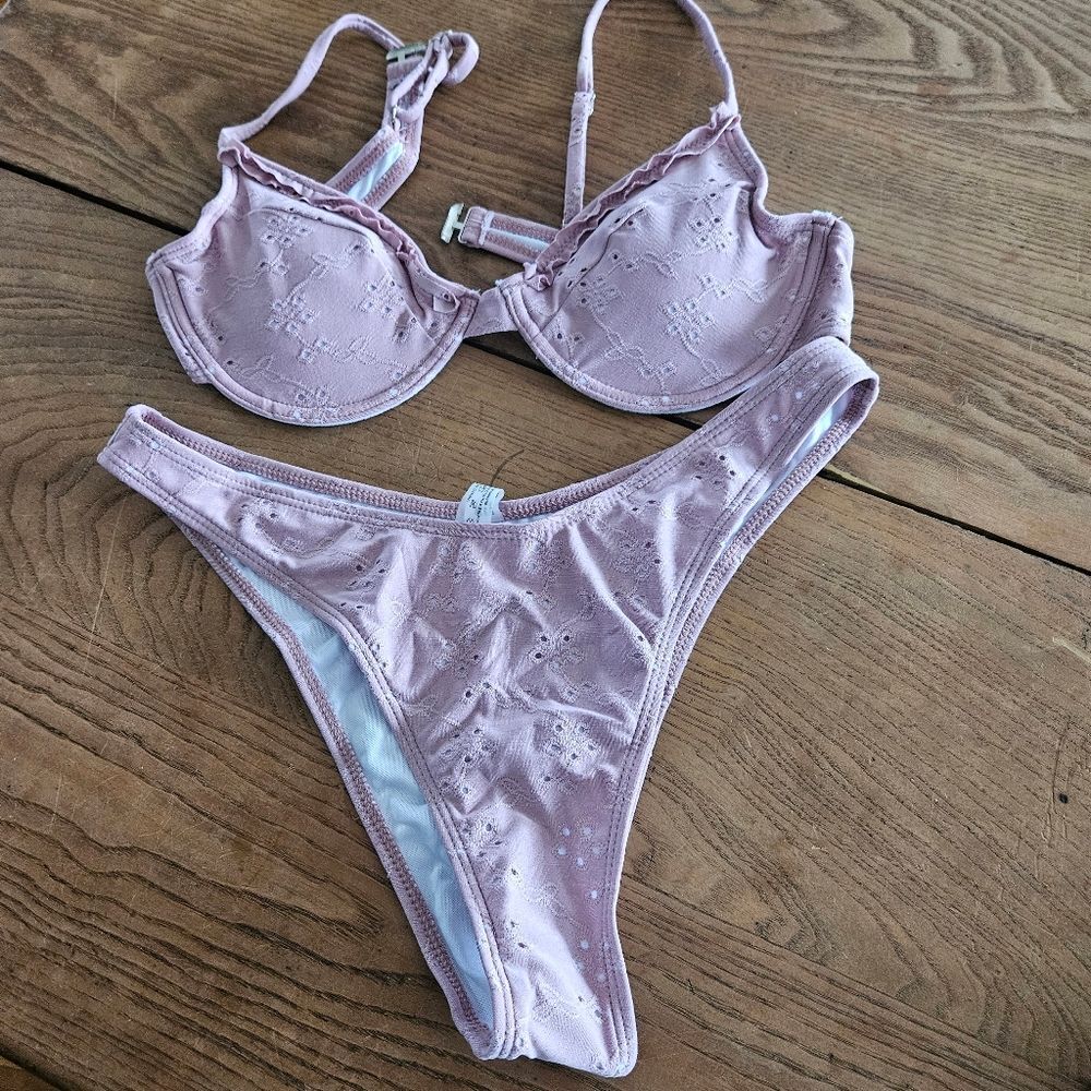 New SHEIN Pink Eyelet Underwire Bikini Set‎ L | Broderie Anglaise Swimwear